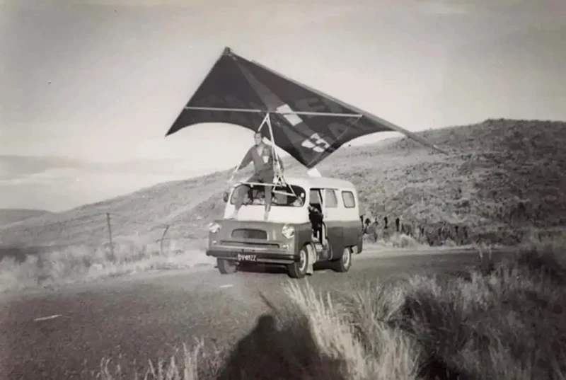 and hang glider, 1968 at Lake Ellesmere, in New Zealand